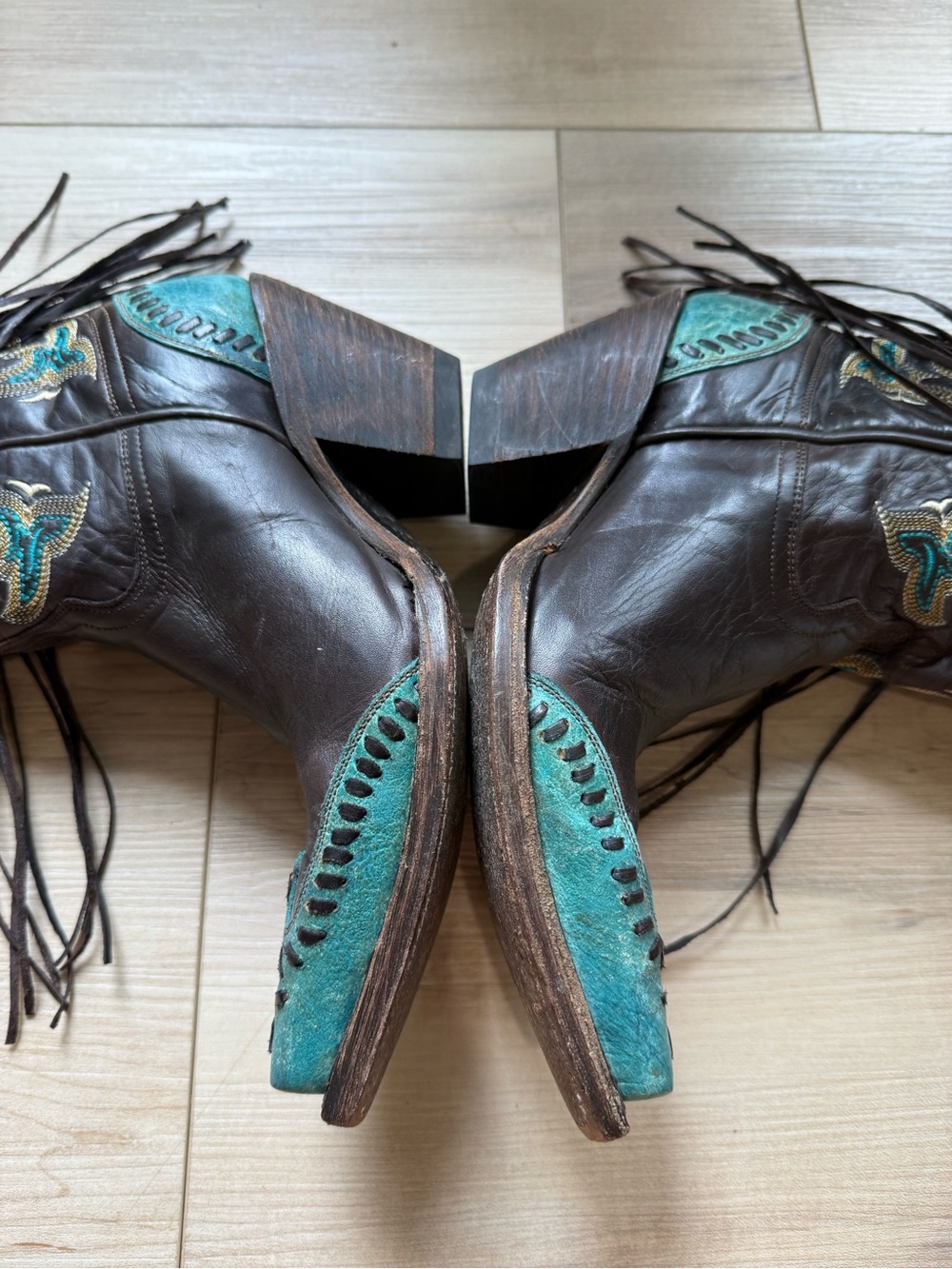 Lucchese Western Cowboy Boots Choc Brown Turquoise Crater Wingtip Fringe 6 B - Picture 12 of 14